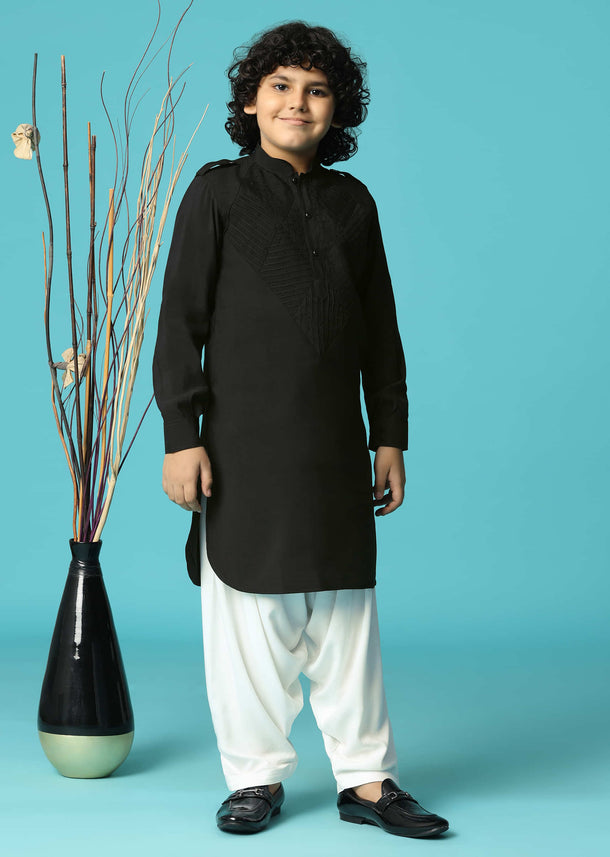 Black Embroidered Silk Kurta Salwar For Boys