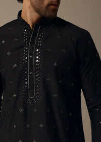 Black Embroidered Silk Kurta Set For Men