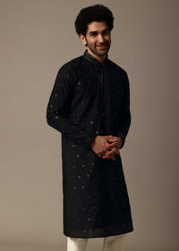 Black Embroidered Silk Kurta Set For Men