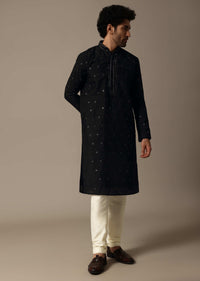 Black Embroidered Silk Kurta Set For Men