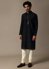 Black Embroidered Silk Kurta Set For Men