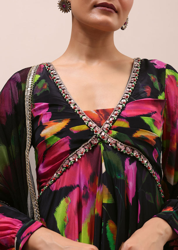 Black Embroidered Silk Kurta Set With Dupatta