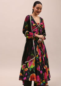 Black Embroidered Silk Kurta Set With Dupatta