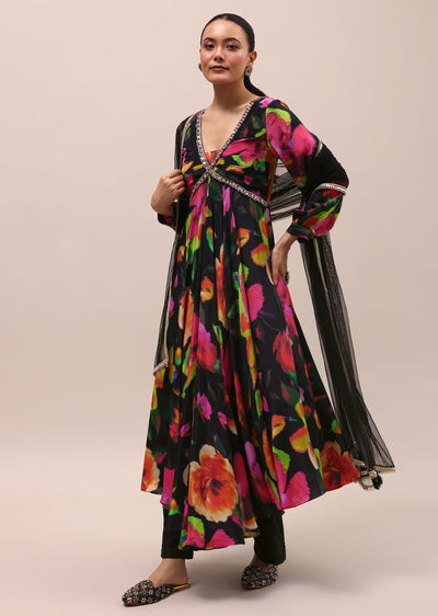 Black Embroidered Silk Kurta Set With Dupatta