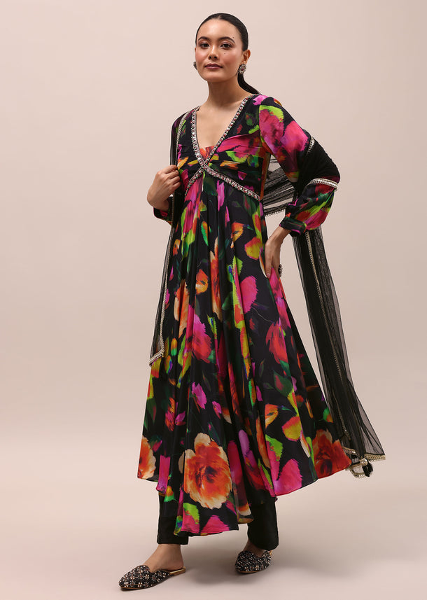 Black Embroidered Silk Kurta Set With Dupatta