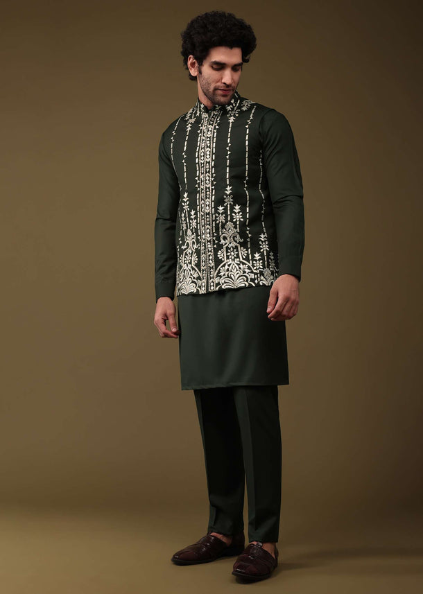 Black Festive Bandi Jacket Set In Silk With Threadwork And Embroidery