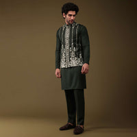 Black Festive Bandi Jacket Set In Silk With Threadwork And Embroidery