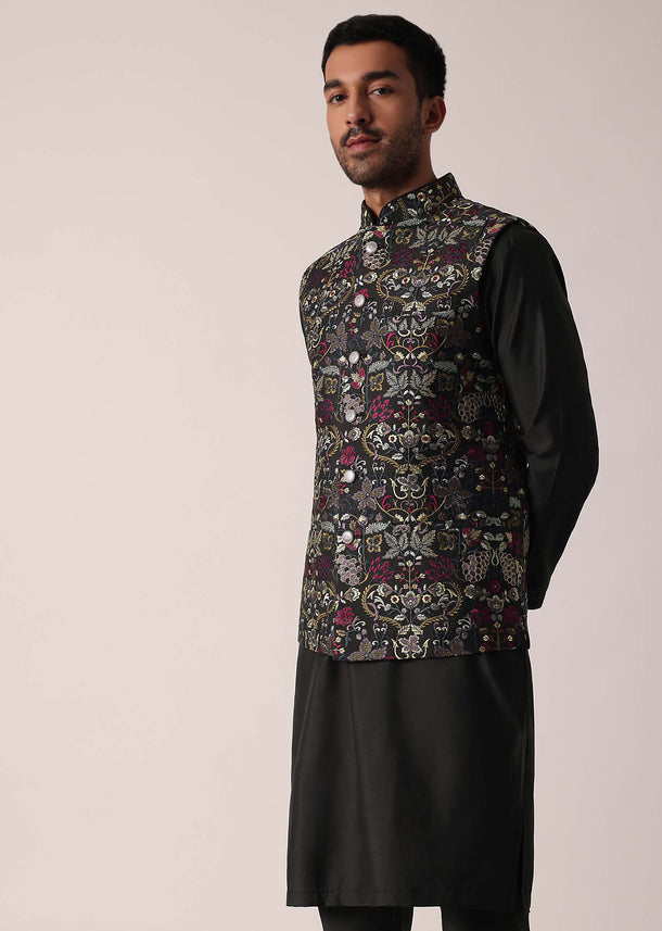 Black Festive Jacket Kurta Set For Men