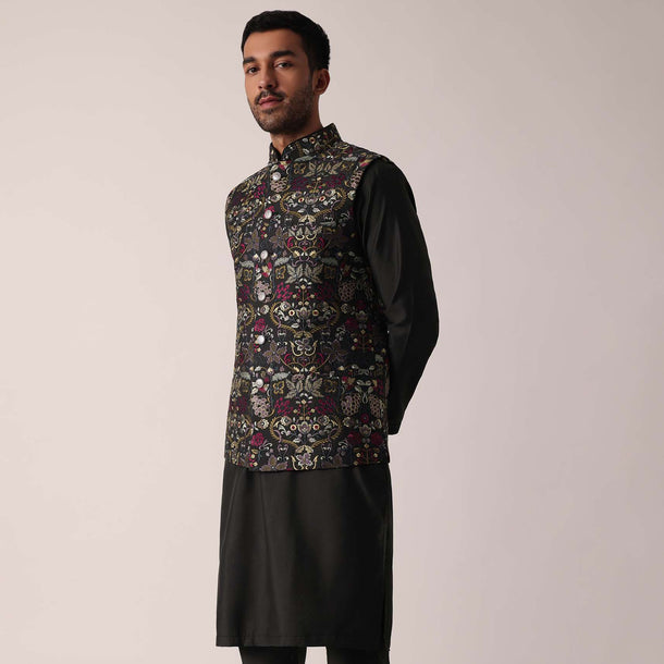 Black Festive Jacket Kurta Set For Men