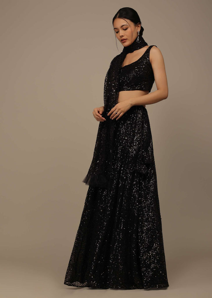 Black Festive Sequins Embroidered Lehenga Set In Raschel Net Fabric