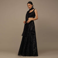 Black Festive Sequins Embroidered Lehenga Set In Raschel Net Fabric