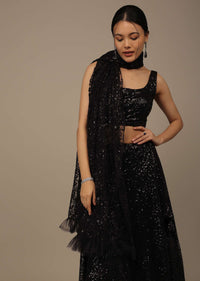 Black Festive Sequins Embroidered Lehenga Set In Raschel Net Fabric