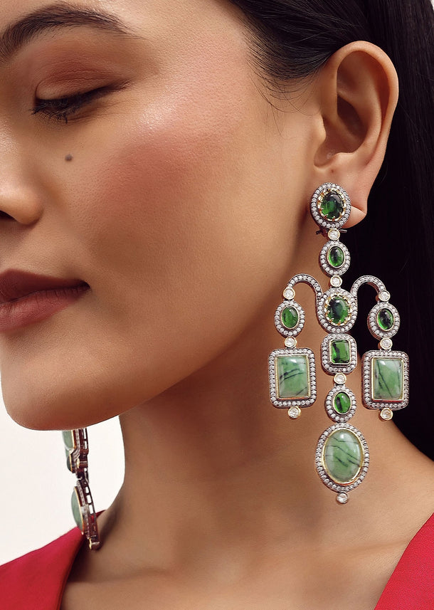 Black Finish Dazzling Diamond Danglers With Emerald Stone In Mix Metal