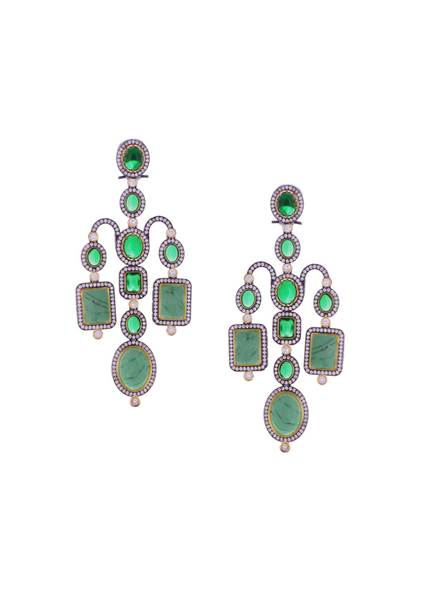 Black Finish Dazzling Diamond Danglers With Emerald Stone In Mix Metal