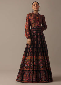 Black Flared Printed dress In Tussar Silk