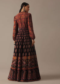 Black Flared Printed dress In Tussar Silk