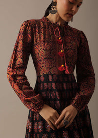 Black Flared Printed dress In Tussar Silk