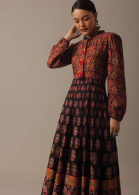 Black Flared Printed dress In Tussar Silk