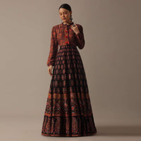 Black Flared Printed dress In Tussar Silk