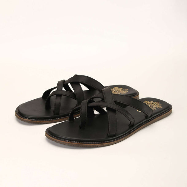 Black Flats In Rexine Leather With Criss Cross Straps