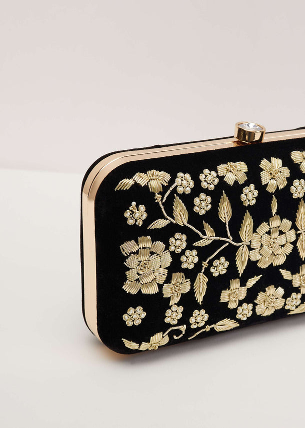 Black Floral Clutch On Silk Fabric