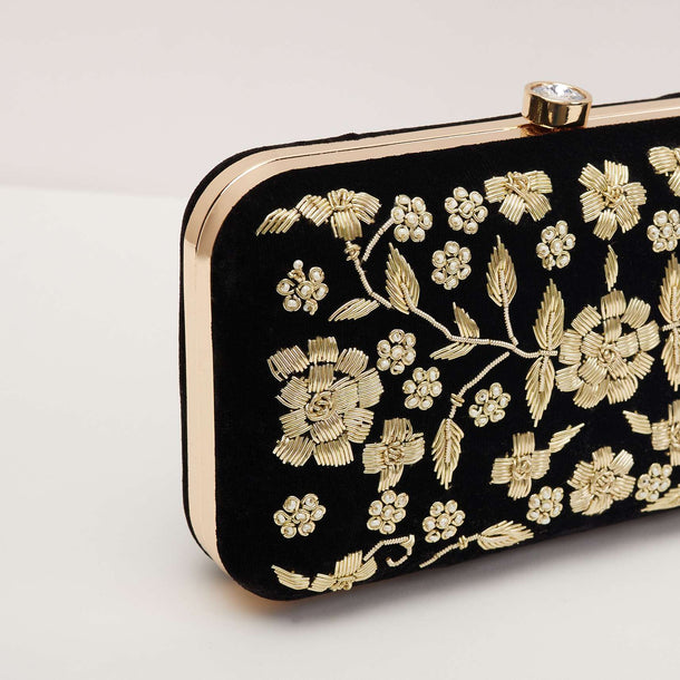 Black Floral Clutch On Silk Fabric