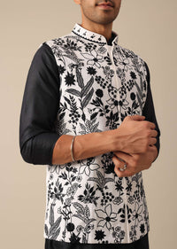 Black Floral Embroidered Jacket And Kurta Set