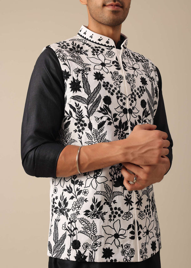 Black Floral Embroidered Jacket And Kurta Set
