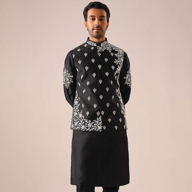 Black Floral Jacket And Kurta Set