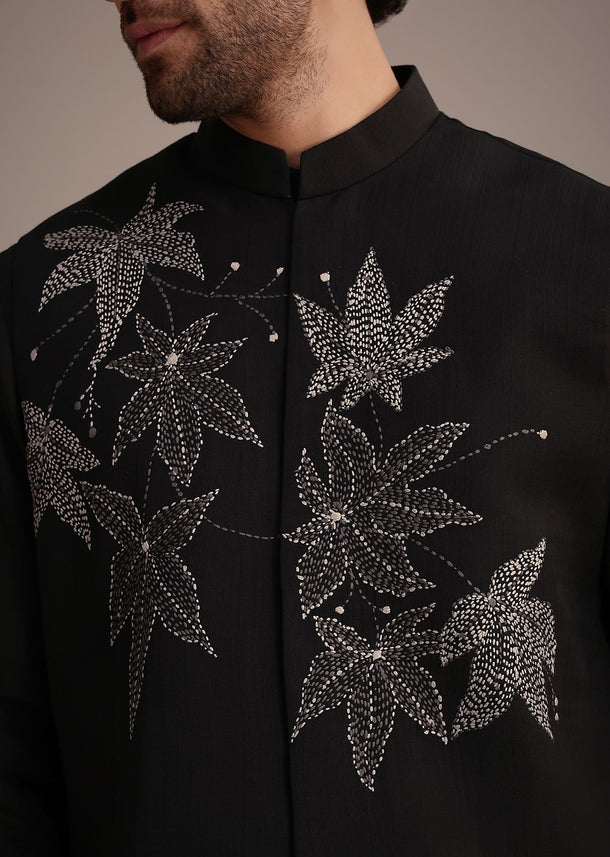 Black Floral Kantha Hand Embroidered Kurta Jacket Set