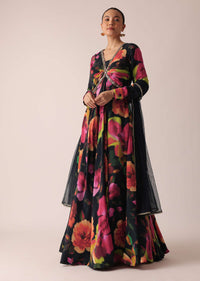 Black Anarkali In Floral Print With Dupatta