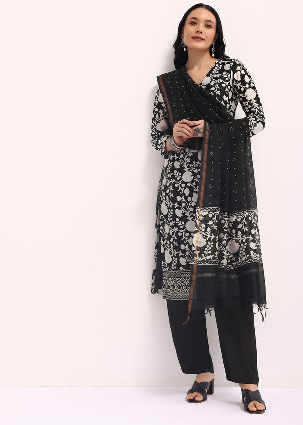 Black Floral Printed Chanderi Kurta Set With Bandhani Dupatta