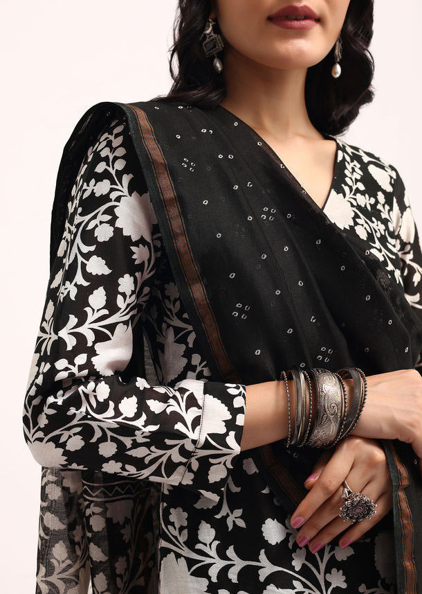 Black Floral Printed Chanderi Kurta Set With Bandhani Dupatta