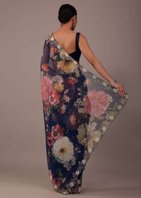 Navy blue Floral Printed Saree In Organza With Cut Dana Embroidery
