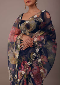 Navy blue Floral Printed Saree In Organza With Cut Dana Embroidery