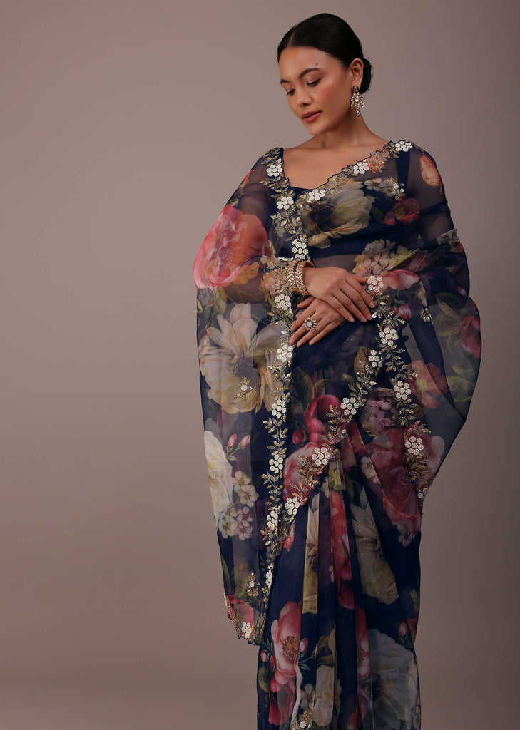 Navy blue Floral Printed Saree In Organza With Cut Dana Embroidery