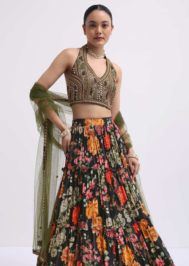 Black Floral Printed Silk Lehenga Choli Set