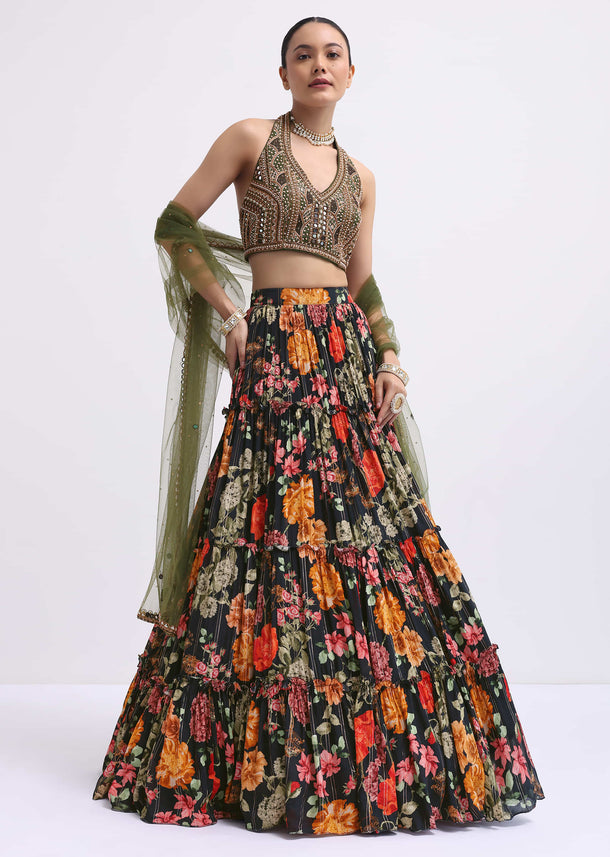 Black Floral Printed Silk Lehenga Choli Set