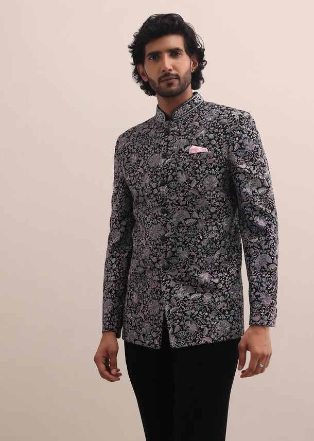 Black Floral Thread Embroidered Jodhpuri Suit For Men