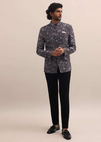 Black Floral Thread Embroidered Jodhpuri Suit For Men