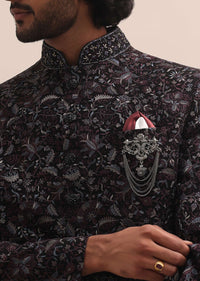 Black Floral Thread Embroidered Sherwani For Men