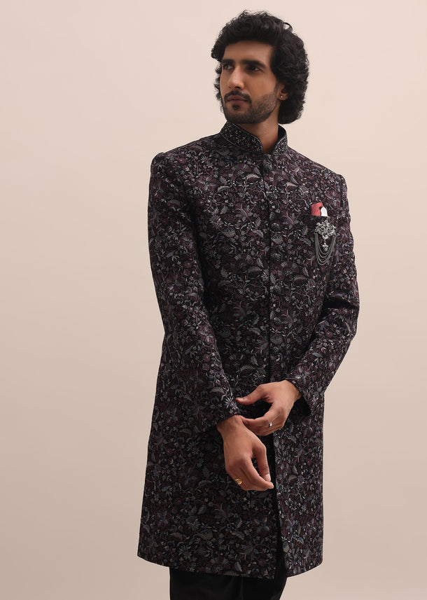 Black Floral Thread Embroidered Sherwani For Men