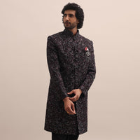 Black Floral Thread Embroidered Sherwani For Men