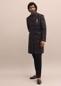 Black Floral Thread Embroidered Sherwani For Men