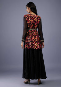 Black Red Floral Wrap Co ord Set With Embroidered Belt