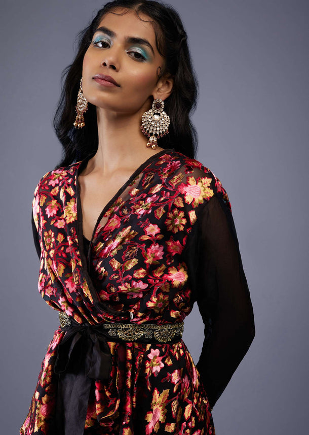Black Red Floral Wrap Co ord Set With Embroidered Belt