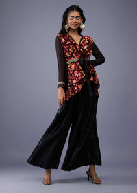 Black Red Floral Wrap Co ord Set With Embroidered Belt