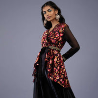 Black Red Floral Wrap Co ord Set With Embroidered Belt