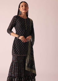 Black Foil Print Kurta Sharara Set