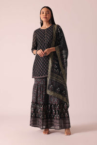 Black Foil Print Kurta Sharara Set